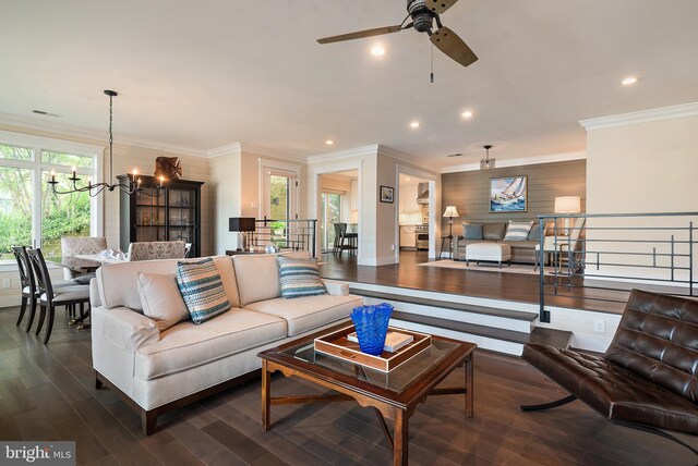 16 Spa Creek Lndg, Annapolis, MD 21403 - living room featuring a chandelier, ornamental molding, wood finished floors, recessed lighting, and ceiling fan