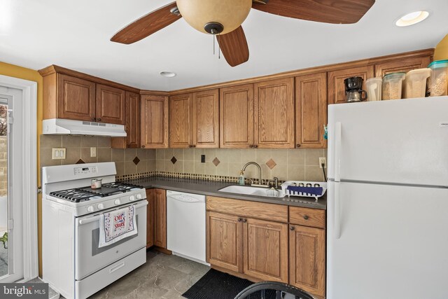 1621 E Hewson St, Philadelphia, PA 19125 - kitchen with white appliances, under cabinet range hood, dark countertops, ceiling fan, and brown cabinets