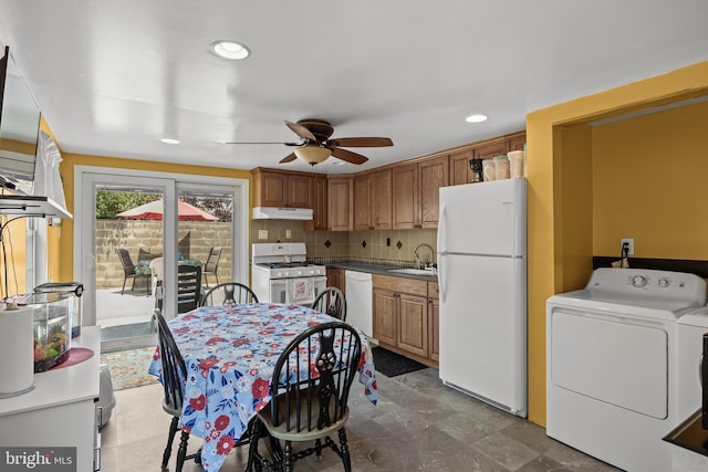1621 E Hewson St, Philadelphia, PA 19125 - kitchen featuring white appliances, under cabinet range hood, ceiling fan, recessed lighting, and backsplash