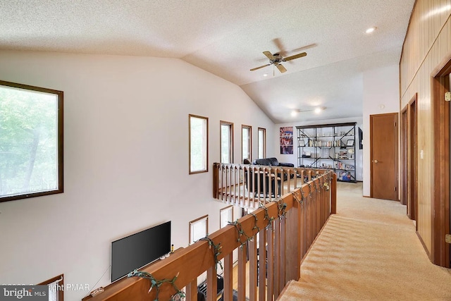 138 Banbury Dr, Bushkill, PA 18324 - hall with lofted ceiling, light carpet, plenty of natural light, a textured ceiling, and an upstairs landing