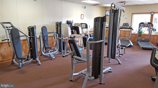 138 Banbury Dr, Bushkill, PA 18324 - gym with a paneled ceiling, wood walls, and a wainscoted wall