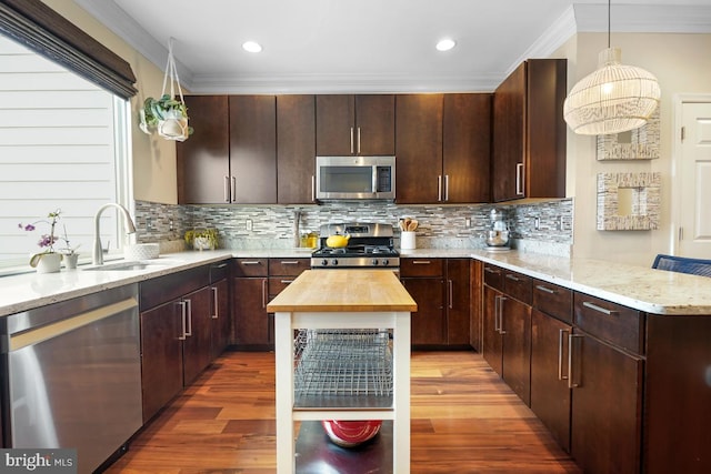 1917 H St NE, Washington, DC 20002 - kitchen with appliances with stainless steel finishes, a sink, wood finished floors, a peninsula, and crown molding