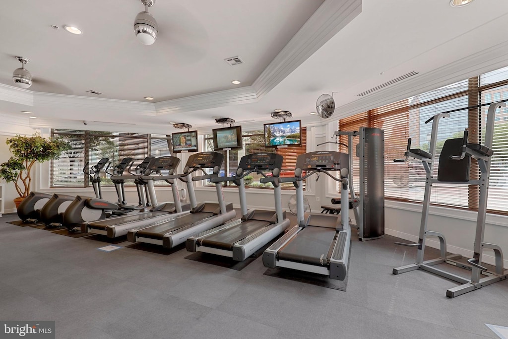 12000 Market St Unit 284, Reston, VA 20190 - workout area with ornamental molding, plenty of natural light, a tray ceiling, and recessed lighting