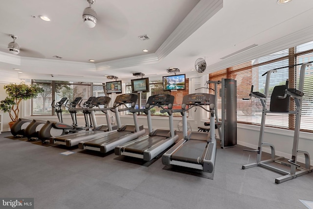 12000 Market St Unit 284, Reston, VA 20190 - workout area with ornamental molding, plenty of natural light, a tray ceiling, and recessed lighting