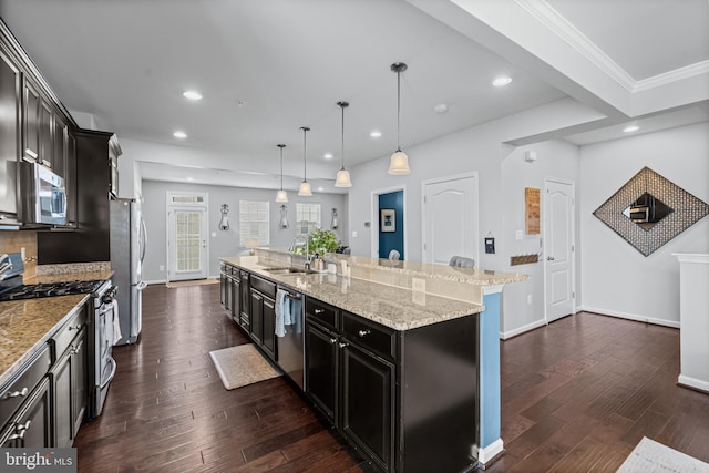 7444 Saint Margarets Blvd Unit A, Hanover, MD 21076 - kitchen featuring appliances with stainless steel finishes, dark wood-style flooring, a large island, dark cabinetry, and recessed lighting