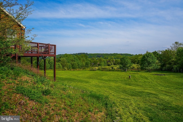 7600 Pohopoco Dr, Kunkletown, PA 18058 - view of green lawn featuring a deck and a view of trees