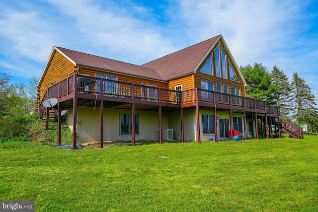 7600 Pohopoco Dr, Kunkletown, PA 18058 - rear view of house with a deck, a lawn, log veneer siding, and stairway