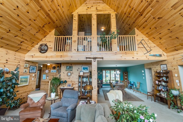 7600 Pohopoco Dr, Kunkletown, PA 18058 - living area featuring wood walls, high vaulted ceiling, and wooden ceiling