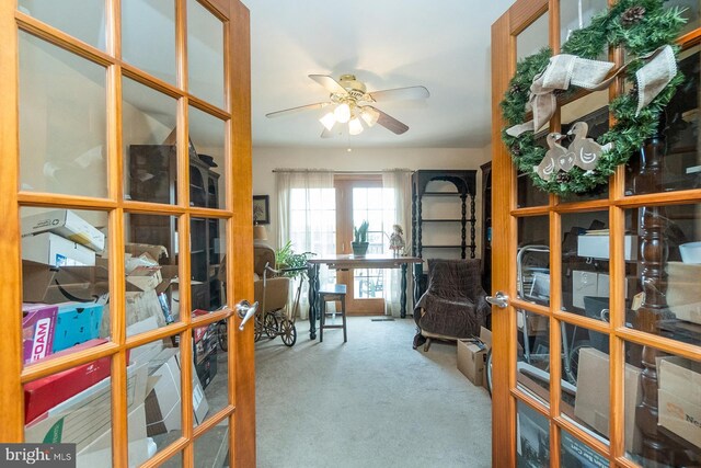 7600 Pohopoco Dr, Kunkletown, PA 18058 - living area with french doors, carpet flooring, ceiling fan, and a desk