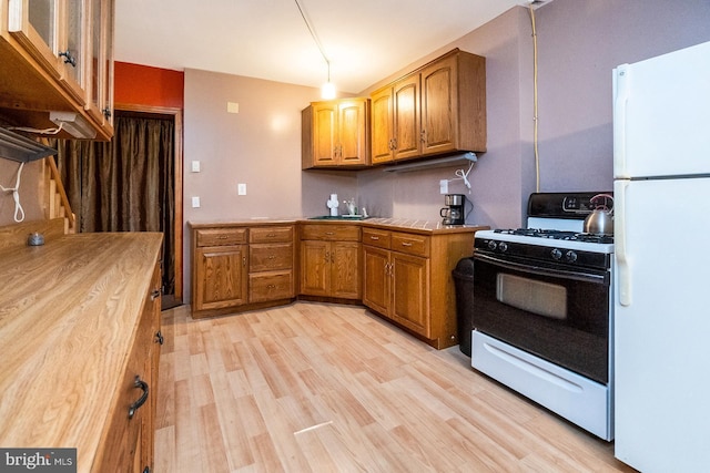 7600 Pohopoco Dr, Kunkletown, PA 18058 - kitchen with gas range oven, freestanding refrigerator, brown cabinetry, light wood-type flooring, and a sink