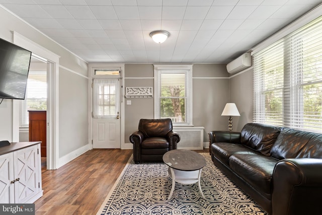 229 E Canal St, Hershey, PA 17033 - living area featuring a wall unit AC, dark wood-style floors, and ornamental molding