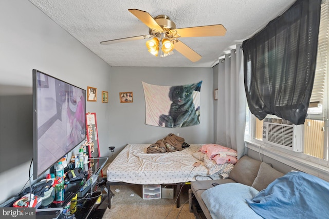 3109 Bero Rd, Halethorpe, MD 21227 - bedroom with carpet, a ceiling fan, a textured ceiling, and cooling unit