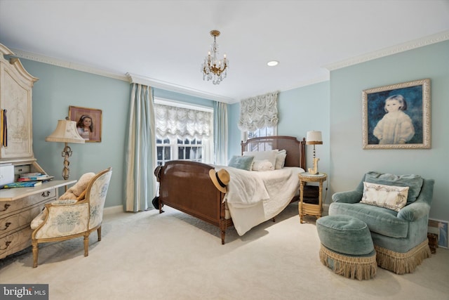 845 Colony Ct, Bryn Mawr, PA 19010 - bedroom featuring ornamental molding, light carpet, a chandelier, and baseboards