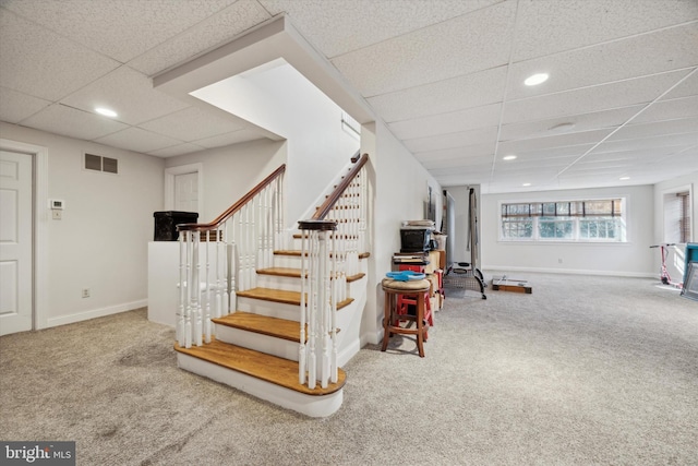 845 Colony Ct, Bryn Mawr, PA 19010 - stairs with a drop ceiling, carpet, baseboards, and recessed lighting