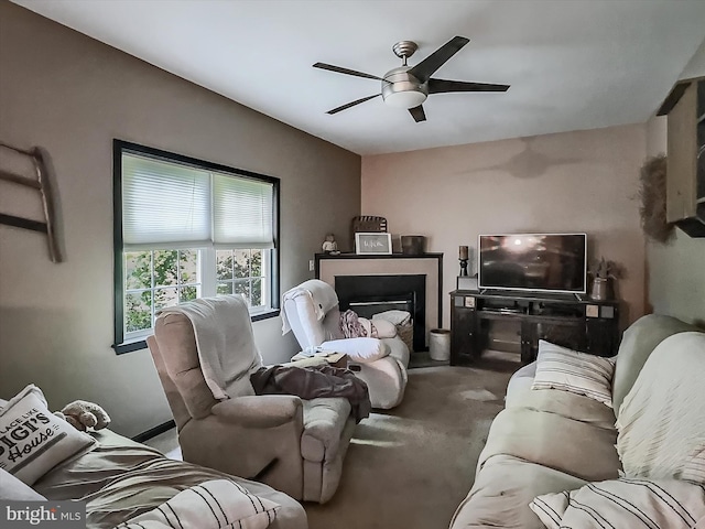 25 Domenick Dr, York, PA 17402 - living room with a ceiling fan, a fireplace with raised hearth, and carpet flooring