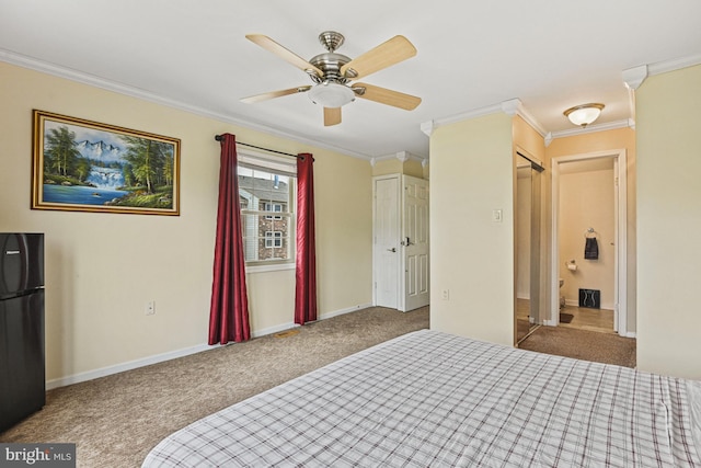 10519 Stonington Ln, Manassas, VA 20109 - bedroom with freestanding refrigerator, carpet floors, crown molding, ensuite bathroom, and a ceiling fan