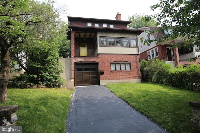 1622 Delaware Ave, Wyomissing, PA 19610 - view of front facade with driveway, a front yard, a chimney, an attached garage, and brick siding
