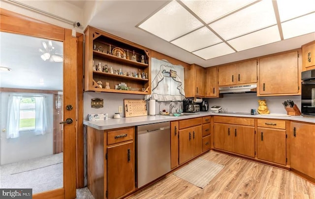 3324 Golf Course Rd, Allentown, PA 18104 - kitchen featuring black appliances, under cabinet range hood, light wood finished floors, light countertops, and open shelves