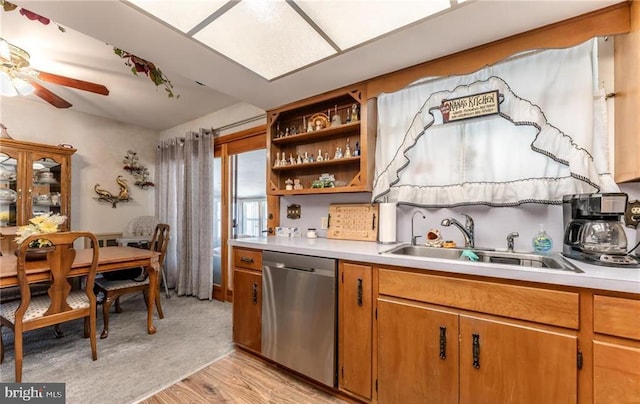 3324 Golf Course Rd, Allentown, PA 18104 - kitchen featuring stainless steel dishwasher, light countertops, open shelves, light wood finished floors, and ceiling fan