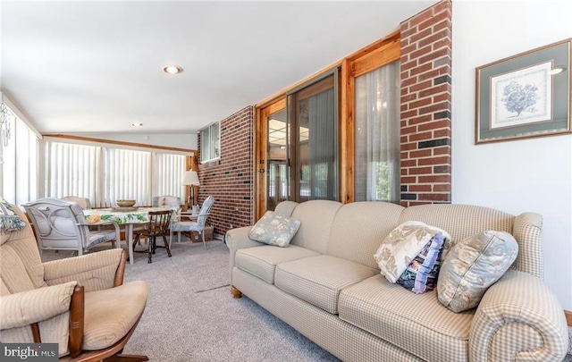 3324 Golf Course Rd, Allentown, PA 18104 - living room featuring carpet floors, brick wall, and recessed lighting