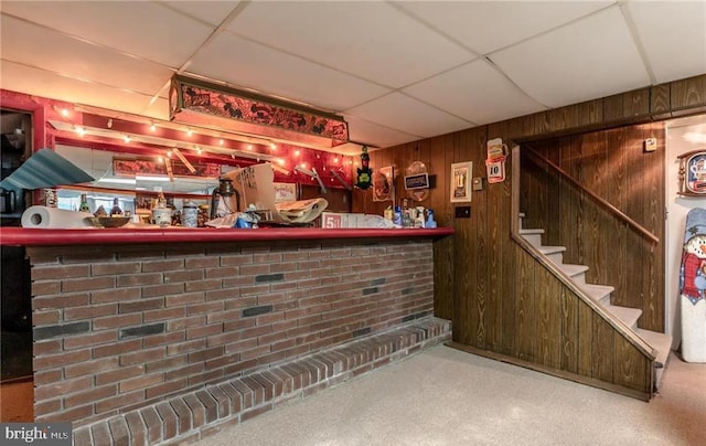 3324 Golf Course Rd, Allentown, PA 18104 - indoor bar with a drop ceiling, wooden walls, stairs, and carpet flooring