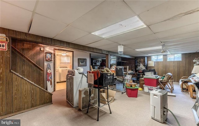 3324 Golf Course Rd, Allentown, PA 18104 - below grade area featuring wood walls, a paneled ceiling, and washer and dryer