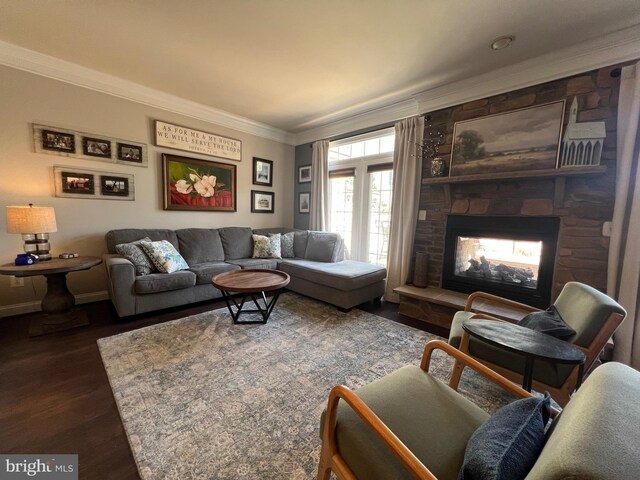 13755 Tides St, Woodbridge, VA 22191 - living room featuring ornamental molding, dark wood-style floors, and a fireplace
