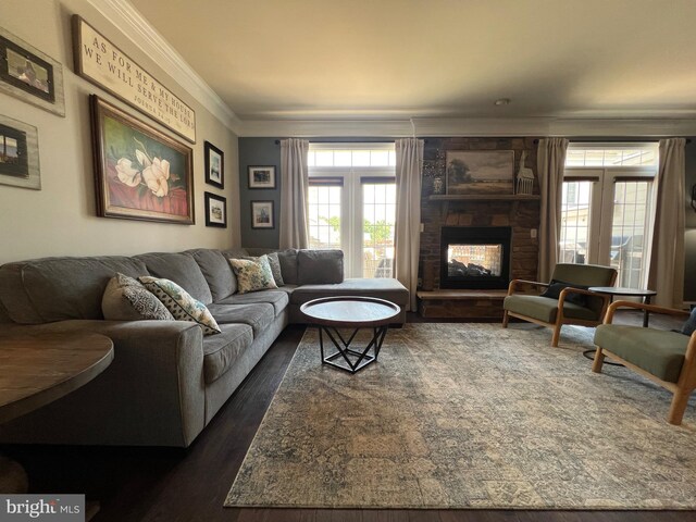 13755 Tides St, Woodbridge, VA 22191 - living room with dark wood-style flooring, crown molding, plenty of natural light, and a large fireplace