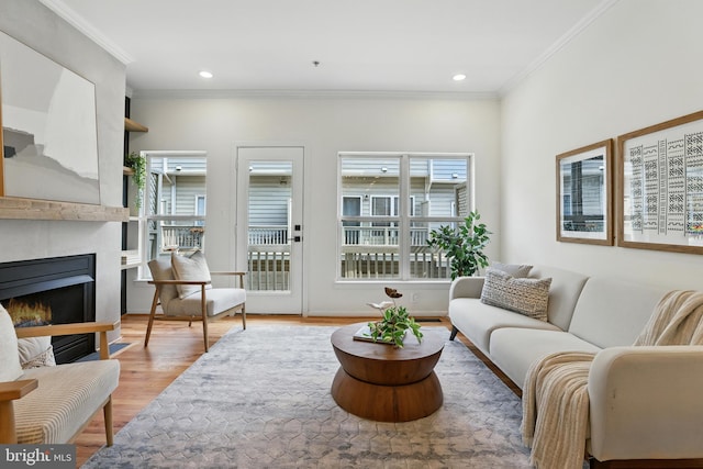 2127 12th Pl NW, Washington, DC 20009 - living room featuring wood finished floors, crown molding, a large fireplace, and recessed lighting