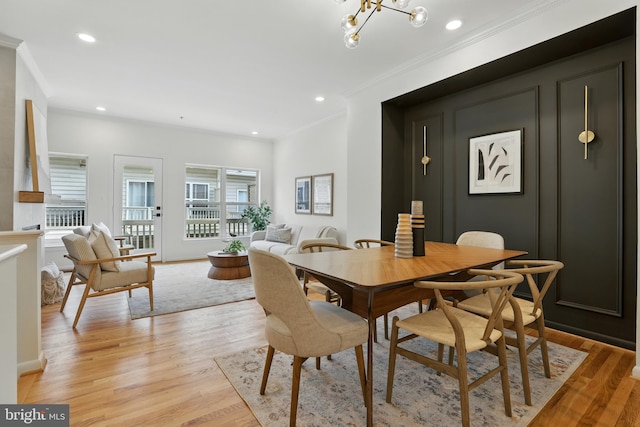 2127 12th Pl NW, Washington, DC 20009 - dining room featuring crown molding, light wood finished floors, a chandelier, and recessed lighting