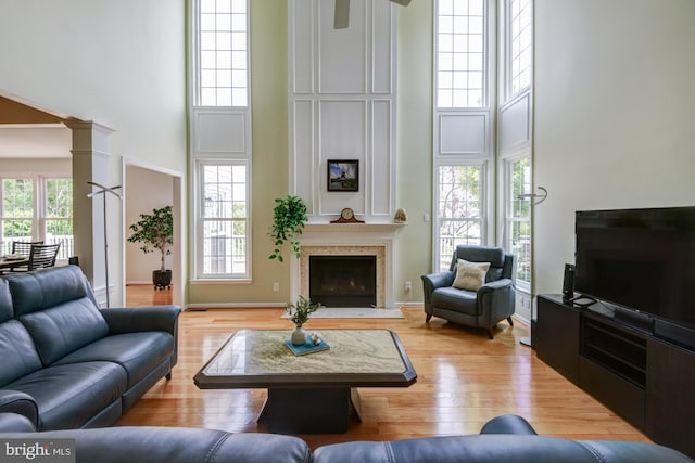 213 Casper Way, Middletown, DE 19709 - living area featuring a towering ceiling, light wood-type flooring, plenty of natural light, and a fireplace