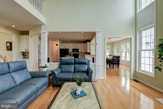 213 Casper Way, Middletown, DE 19709 - living room featuring a high ceiling, light wood-style floors, and decorative columns