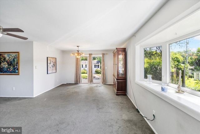 8413 Hallmark Cir, Baltimore, MD 21234 - unfurnished living room with a chandelier, carpet floors, and a ceiling fan