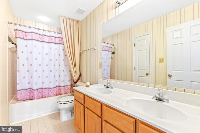 2363 Ashford Dr, Waldorf, MD 20603 - bathroom with tile patterned flooring, double vanity, shower / bath combo with shower curtain, and wallpapered walls