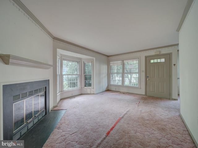 15069 Maple Glen Ct, Dumfries, VA 22025 - unfurnished living room featuring crown molding, a fireplace with flush hearth, plenty of natural light, and carpet floors