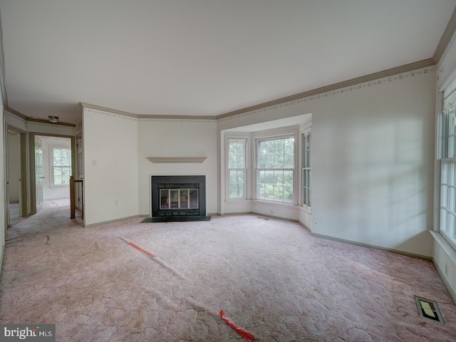 15069 Maple Glen Ct, Dumfries, VA 22025 - unfurnished living room with crown molding, a fireplace with flush hearth, and carpet flooring