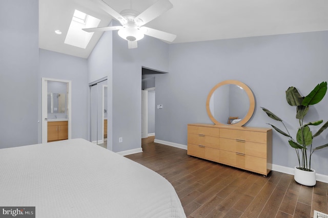 6430 Wishbone Ter, Cabin John, MD 20818 - bedroom featuring a skylight, dark wood finished floors, connected bathroom, high vaulted ceiling, and a ceiling fan