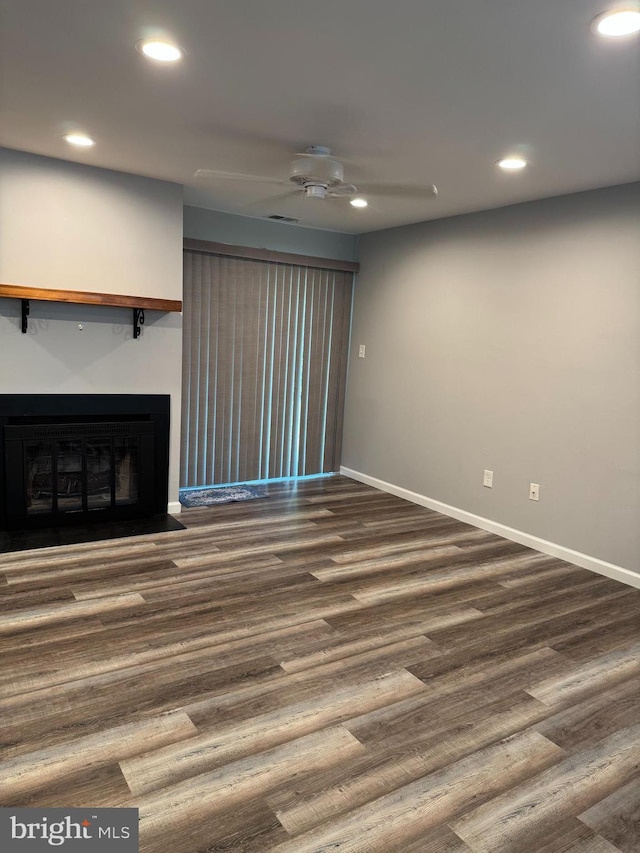 225 Barclay Ct, West Deptford, NJ 08051 - unfurnished living room featuring ceiling fan, recessed lighting, baseboards, wood finished floors, and a fireplace with flush hearth