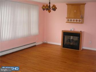 unfurnished dining area with a chandelier, baseboard heating, wood finished floors, and a glass covered fireplace