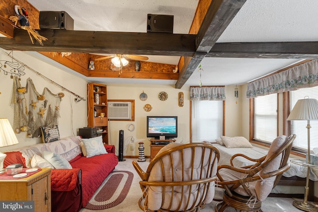 8 Clam Rd Unit 13891, Millsboro, DE 19966 - living area featuring beamed ceiling, a wall mounted air conditioner, carpet floors, and a ceiling fan