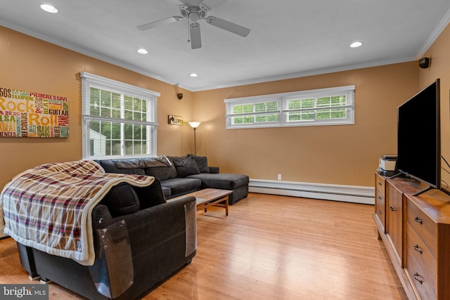 440 E Magnolia Dr, Morrisville, PA 19067 - living area with a baseboard heating unit, crown molding, light wood-style flooring, a ceiling fan, and recessed lighting