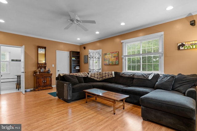 440 E Magnolia Dr, Morrisville, PA 19067 - living area featuring crown molding, light wood finished floors, healthy amount of natural light, ceiling fan, and recessed lighting