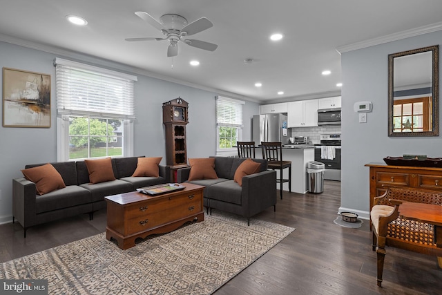 440 E Magnolia Dr, Morrisville, PA 19067 - living area with crown molding, a ceiling fan, recessed lighting, and dark wood-type flooring