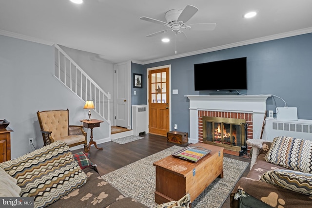 440 E Magnolia Dr, Morrisville, PA 19067 - living area with wood finished floors, stairs, ceiling fan, recessed lighting, and ornamental molding
