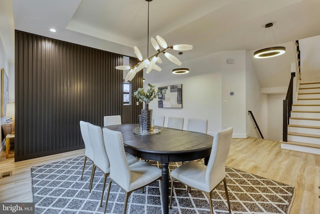 6400 26th St N, Arlington, VA 22207 - dining area featuring wood finished floors, ceiling fan, stairs, and recessed lighting