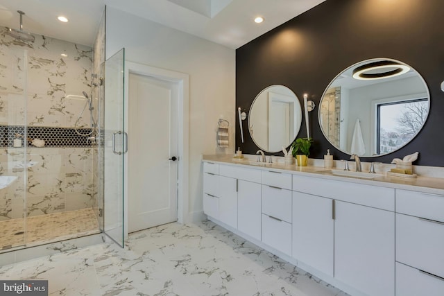 6400 26th St N, Arlington, VA 22207 - full bathroom featuring a marble finish shower, double vanity, recessed lighting, and marble finish floors