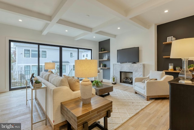 6400 26th St N, Arlington, VA 22207 - living room with light wood-style flooring, beamed ceiling, recessed lighting, coffered ceiling, and a fireplace