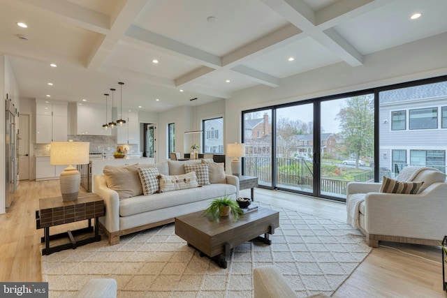6400 26th St N, Arlington, VA 22207 - living area featuring coffered ceiling, light wood-type flooring, beam ceiling, and recessed lighting