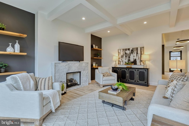 6400 26th St N, Arlington, VA 22207 - living area featuring wood finished floors, beamed ceiling, recessed lighting, and a premium fireplace