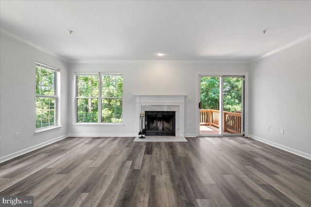 2222 Commissary Cir Unit 198, Odenton, MD 21113 - unfurnished living room featuring a premium fireplace, dark wood-style floors, and ornamental molding